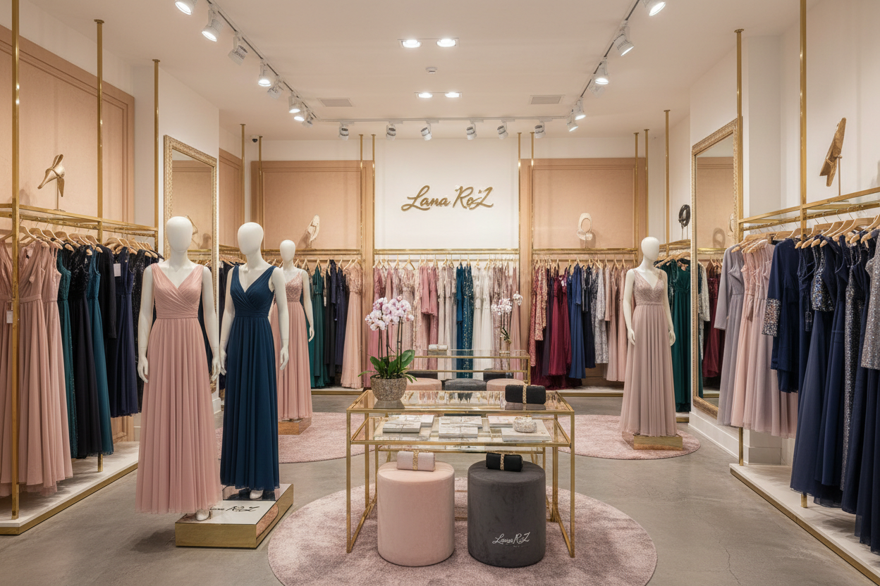 Vreau o poză în tonuri de cu rochii în interiorul unui magazin numit Lana RoZ